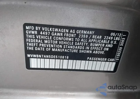 2013 Volkswagen Cc 2.0T Sport из США, поврежденный, VIN WVWBN7AN5DE510818